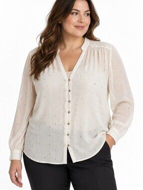 Joie Women’s Ivory Gold Metallic Dash Long Sleeve Button Blouse - XL